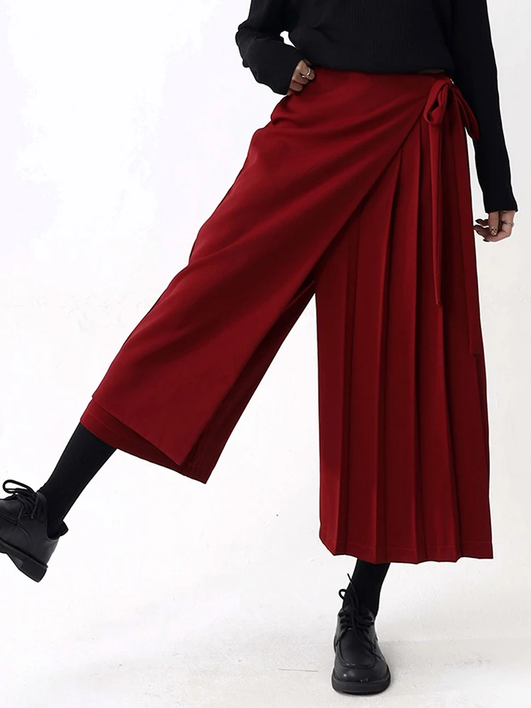 [EAM] High Elastic Waist Red Pleated Bandage Elegant Wide Leg Pants New Trousers Women Fashion Tide Spring Autumn 2026 1DH9565