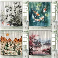 Japanese Style Shower Curtains Green Bamboo Koi Carp Tropical Cactus Mountain Water Landscape Fabric Bathroom Decor with Hooks 1