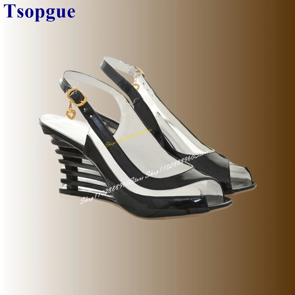 

Stylish Black Splicing Slingback Sandals Hollow Wedges Heel Women Shoes Back Strap Peep Toe 2024 Fashionable Zapatos Para Mujere