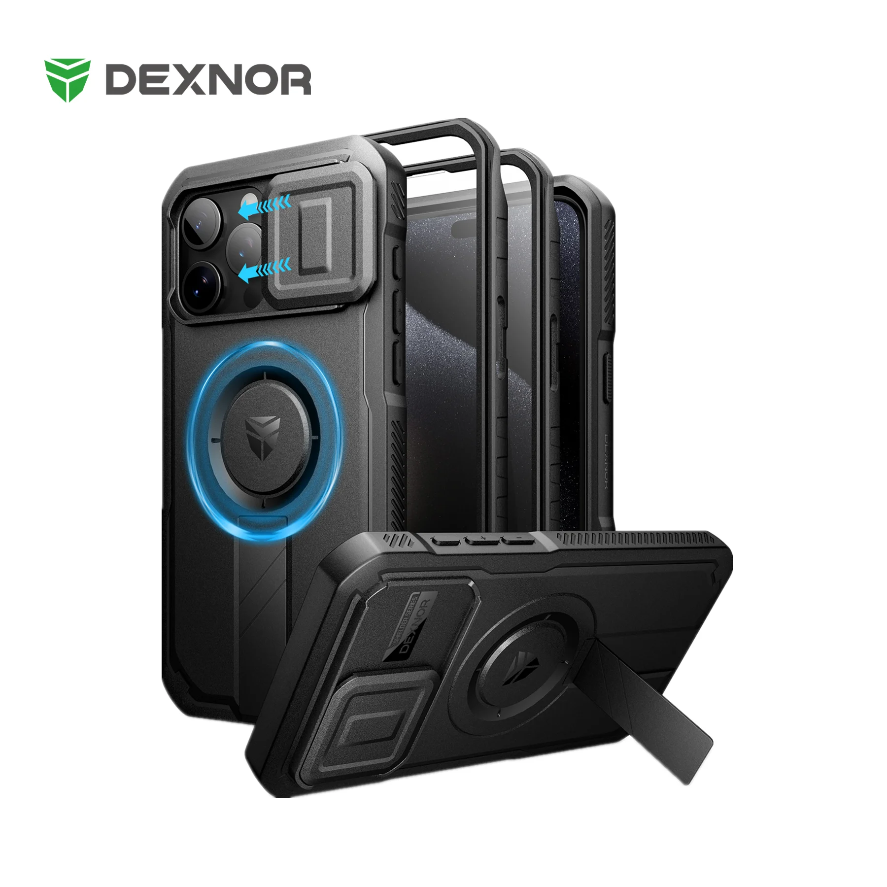Rugged Armor Shockproof Case with Sliding Camera Cover & Built-In Screen Protector Kickstand