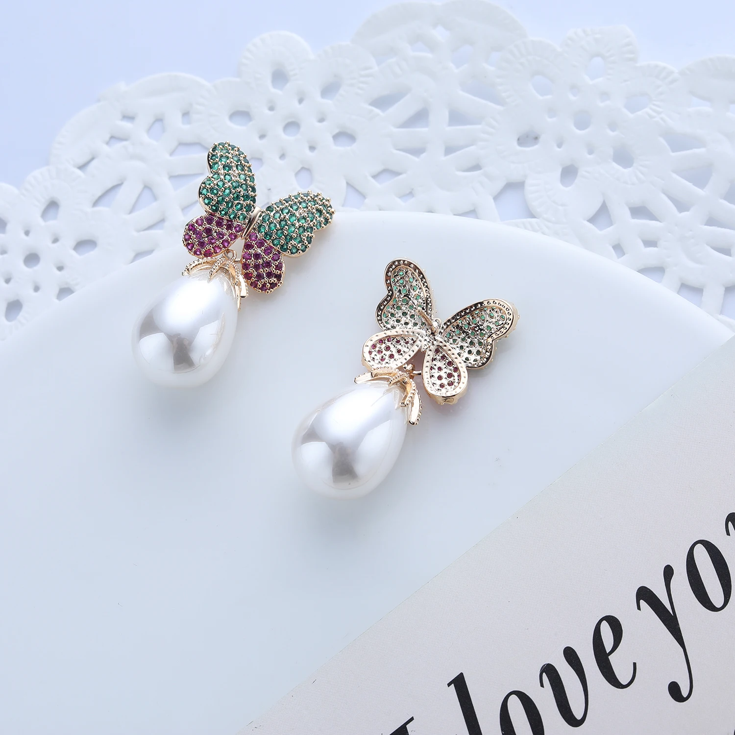 Pearl Cubic Zircon Butterfly Earrings for Wedding, Crystals Wing Earring for Bride, Women Girl Gift CE10840