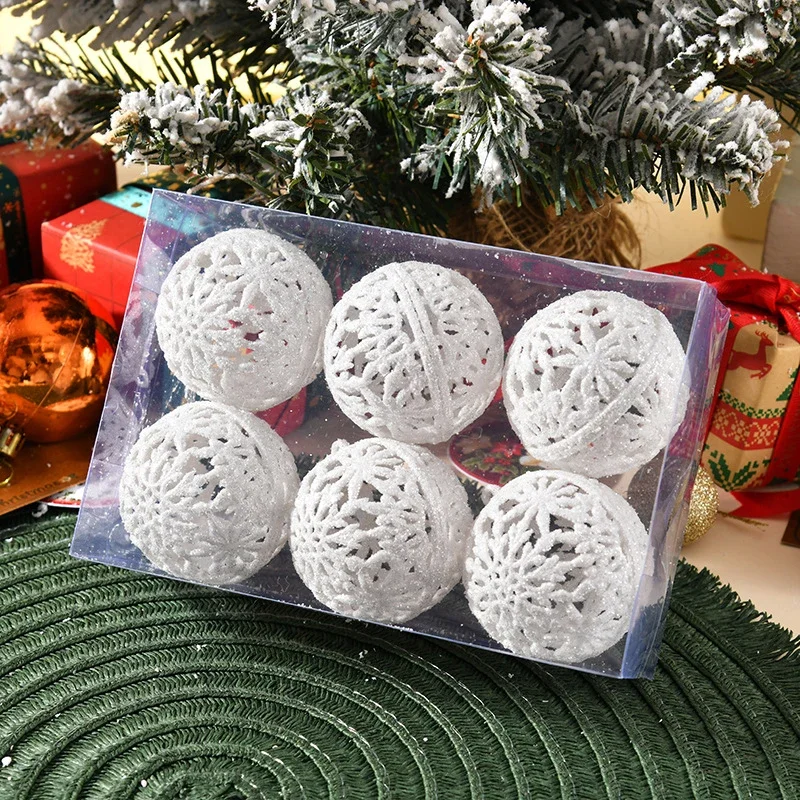 6 bolas navideñas colgantes para decoración de árbol de Navidad, bolas de plástico de 6 cm en caja de PVC, bolas huecas de polvo dorado para fiestas, decoración del hogar de Año Nuevo