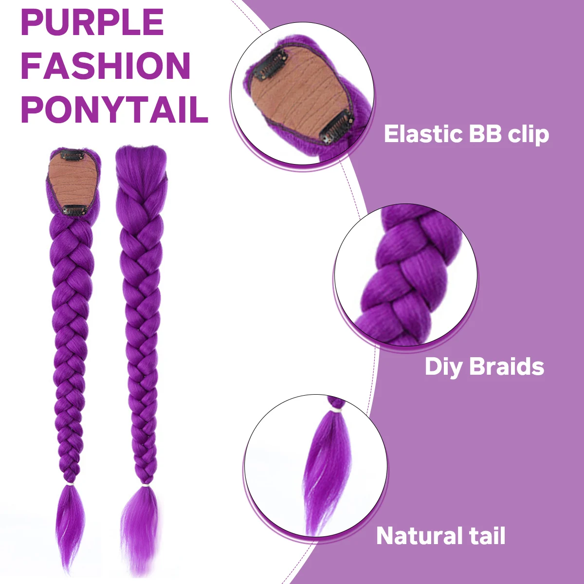 26inches Synthetic dark purple ponytail wig women heat-resistant diy braided long straight hair braids stuck on the ponytail