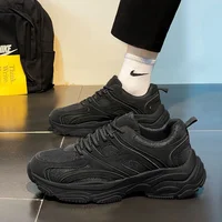 Pure Black Men's Running Work Shoes Anti-slip Wear-resistant Dad Shoes Thick Bottom Leather Upper Ankle Covering Casual Sports S