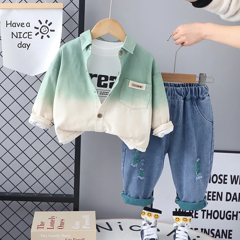 

Kids Baby Boy Boutique Clothes 2024 Spring Gradient Color Shirts + White T-shirts + Pants Toddler Boys Outfits Children's Sets
