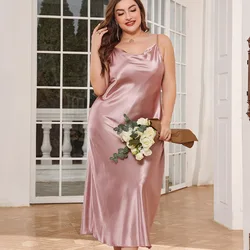 Women's Plus Size 5XL Nightgown Fashion Solid Casual Nightwear Long Satin Sleepwear Sexy Spaghetti Strap Chemise Nightgown