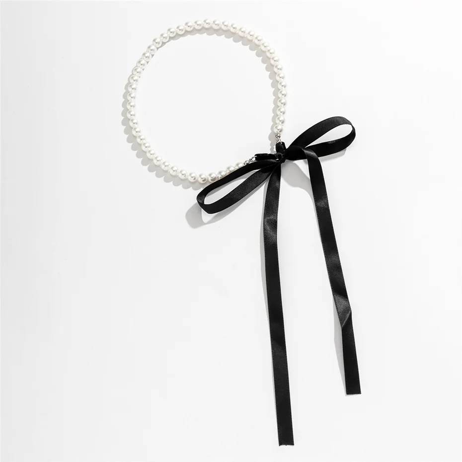 Ingemark elegante schwarze Samtband Bowknot Choker Halskette für Frauen wed Goth Imitation-Perle Schlüsselbein Kette y2k Accessoires – Detail 11