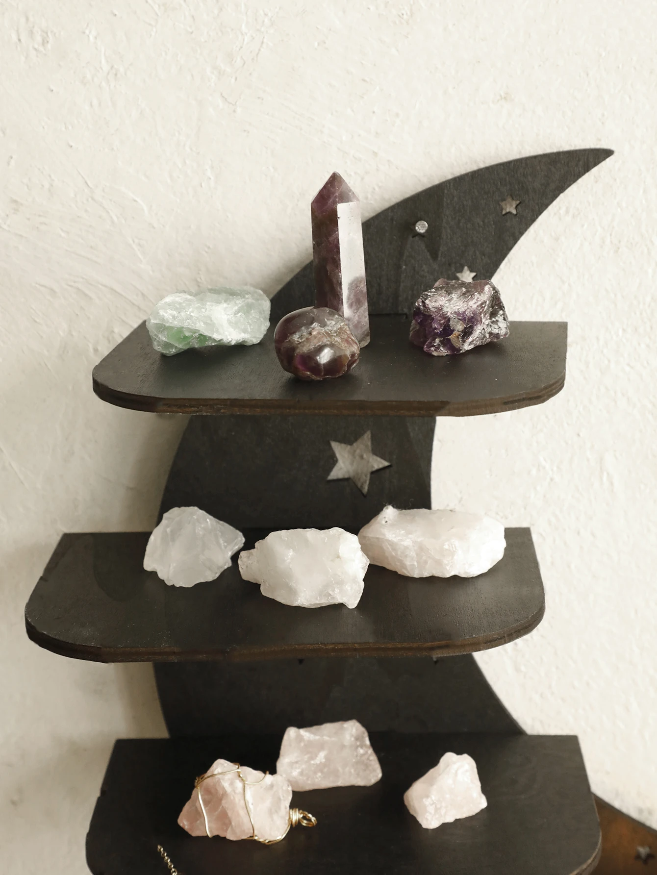 Bvizyelck Mensola Da Parete a Forma Di Luna - Espositore Galleggiante in Legno, Stile Rustico per Cristalli, Pietra, Olio Essenziale