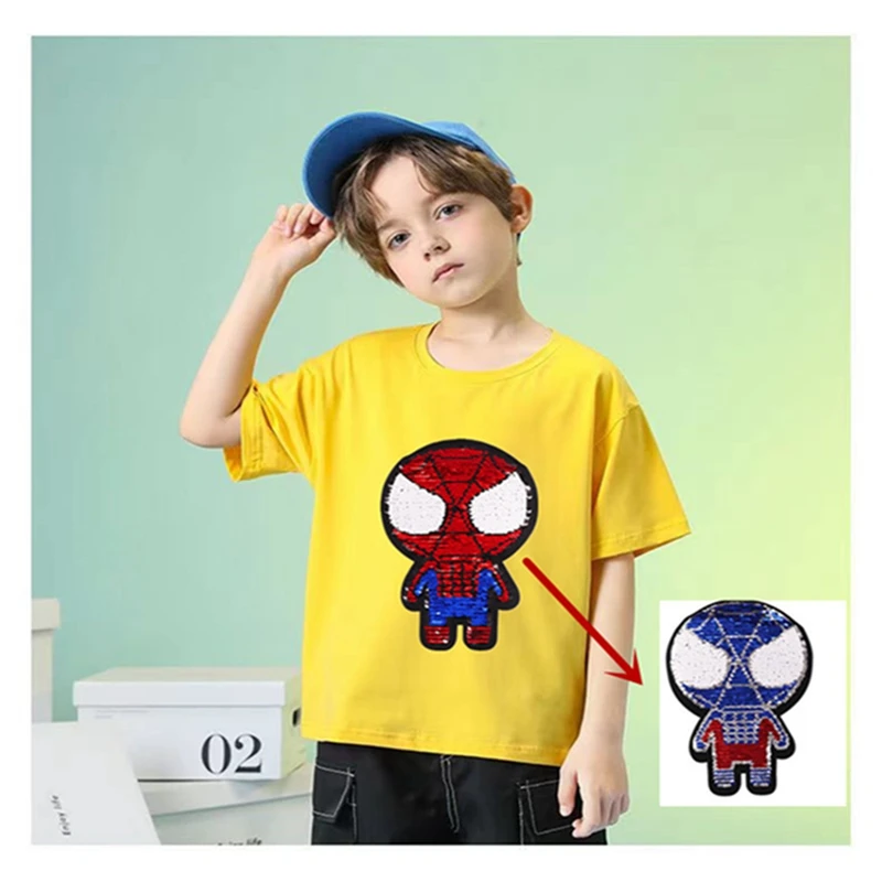 

Boys Summer Short Sleeve Clothes T Shirt Girls Sequin Change Cartoon Spiderman Print Tops Baby Tee Children Outfit 3-10Y Toddler