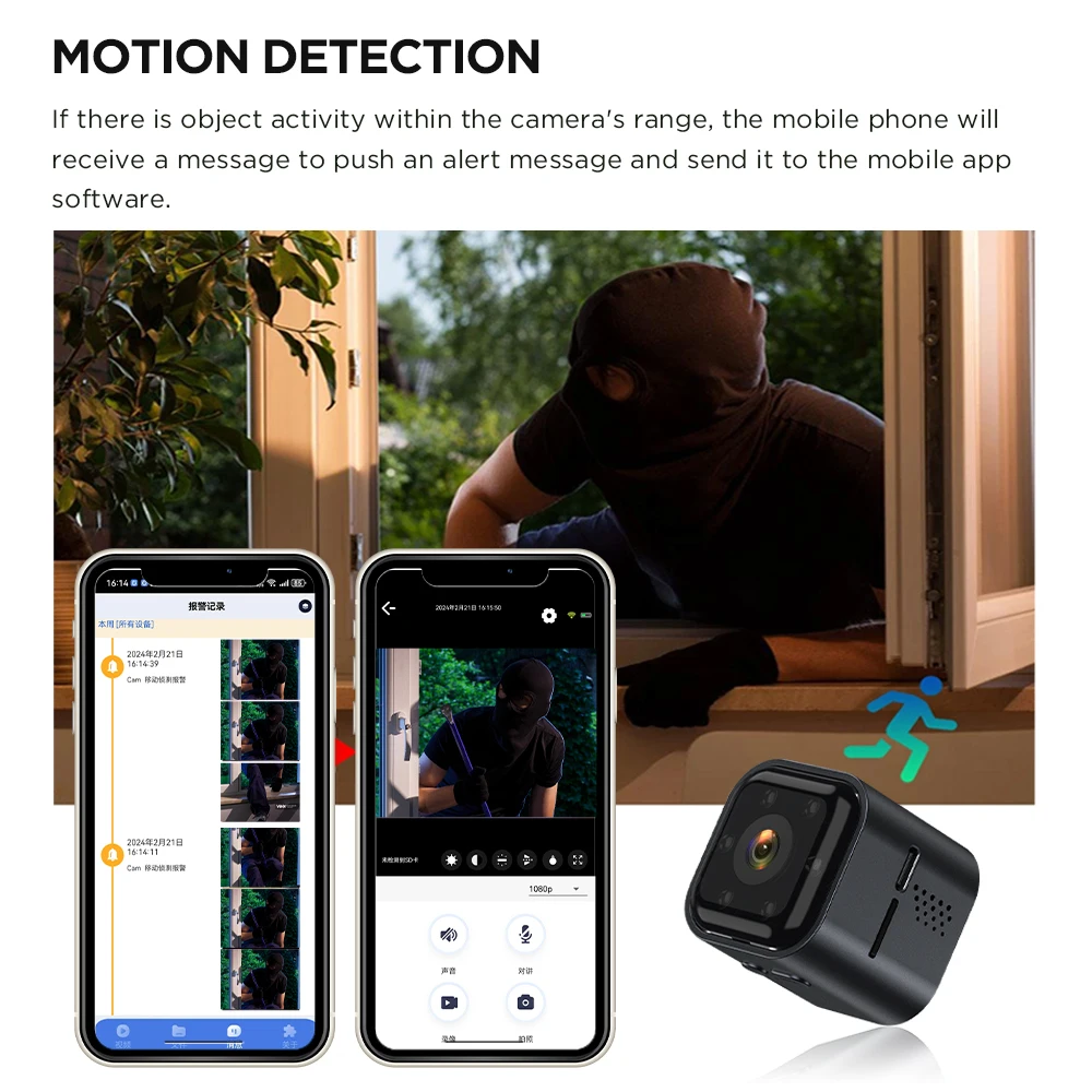 Minicámara HD WiFi con visión nocturna, videocámara de detección móvil, intercomunicador, microvigilancia de seguridad para el hogar, Monitor remoto