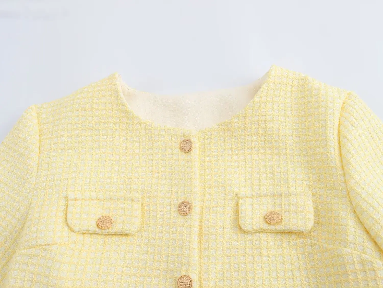 Abrigo de tweed a cuadros amarillo con cuello redondo para otoño, chaqueta corta vintage con bolsillos delanteros y botones dorados para mujer, chaqueta elegante
