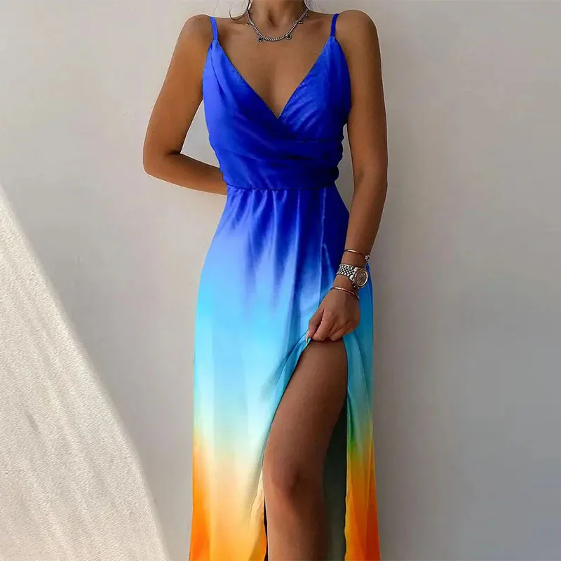 

2024 Summer New Women's Clothing Solid Color V-neck Brace Split Print Commuter Dress