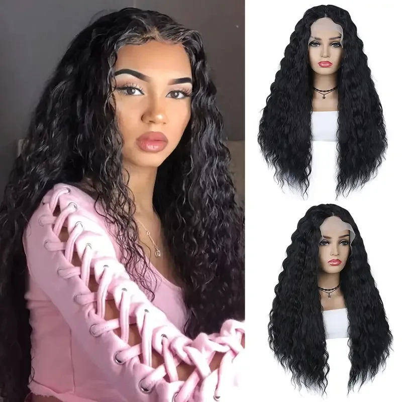 

30 Inch Synthetic Curly Wig For Women Long Black Wave Wig Middle Part Scalp Lace Front Natural Crimps Curls Wigs