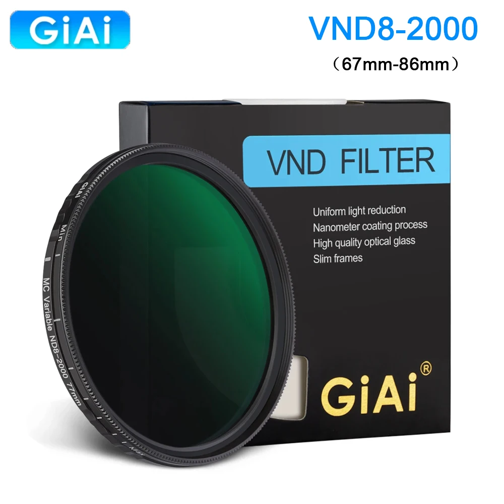 

GiAi ND8 To ND2000 Variable ND Filter Nano Coating Adjustable Neutral Density Camera Lens 67 72 77 82 86mm