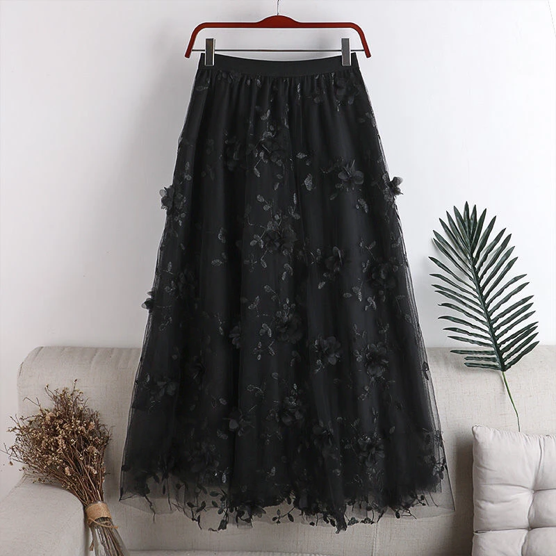 sequin skirt Luxury Woman Skirts 2021 Korean style Fashion Elastic Waist Appliques Embroidery Floral Mesh Skirt Long Gauze Ball Gown Skirt black mini skirt