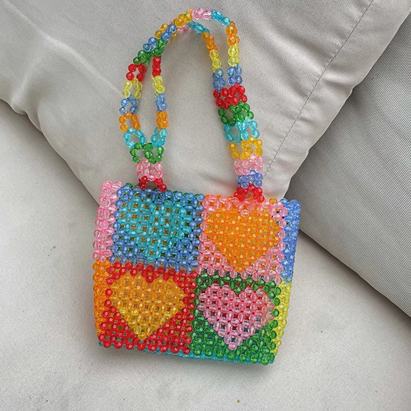 

Square Heart Hand Woven Beaded Pearl Shoulder Handbags for Women Peach Heart Plaid Colorblock Tote Shopping Purses