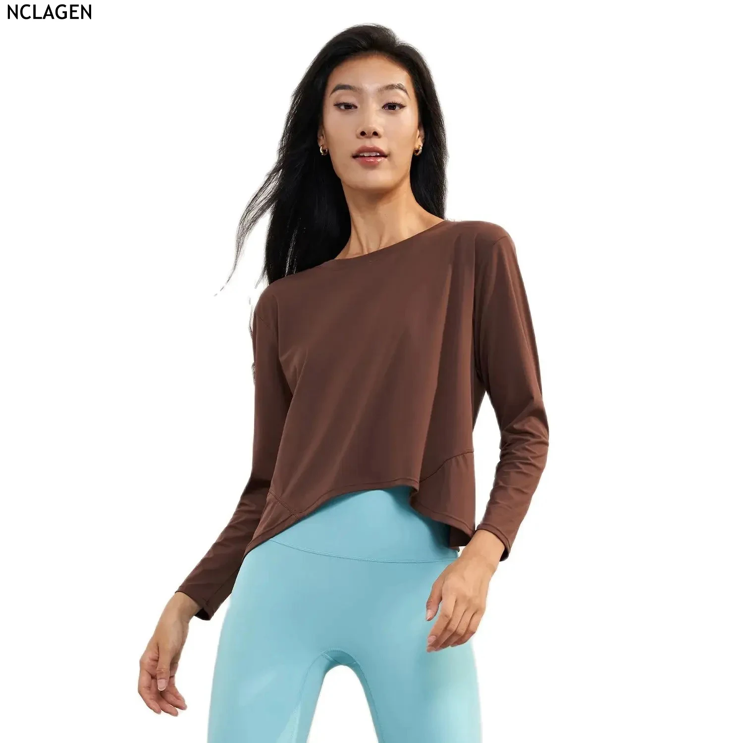 

NCLAGEN Comfortable Round Neck Yoga Long Sleeve Shirts Loose Versatile Slim Top Women Curved Bottom Sports T-shirts Fitness Top