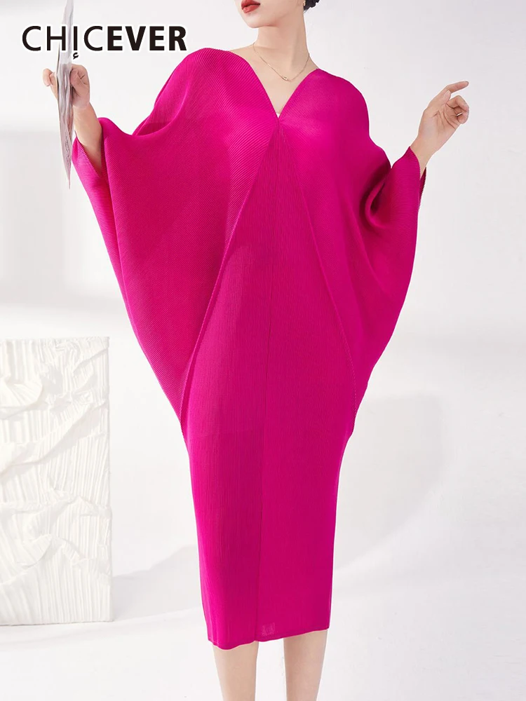 

CHICEVER Elegant Loose Dresses For Women V Neck Batwing Sleeve Minimalist Temperament Folds Midi Dress Female Spring Clothing