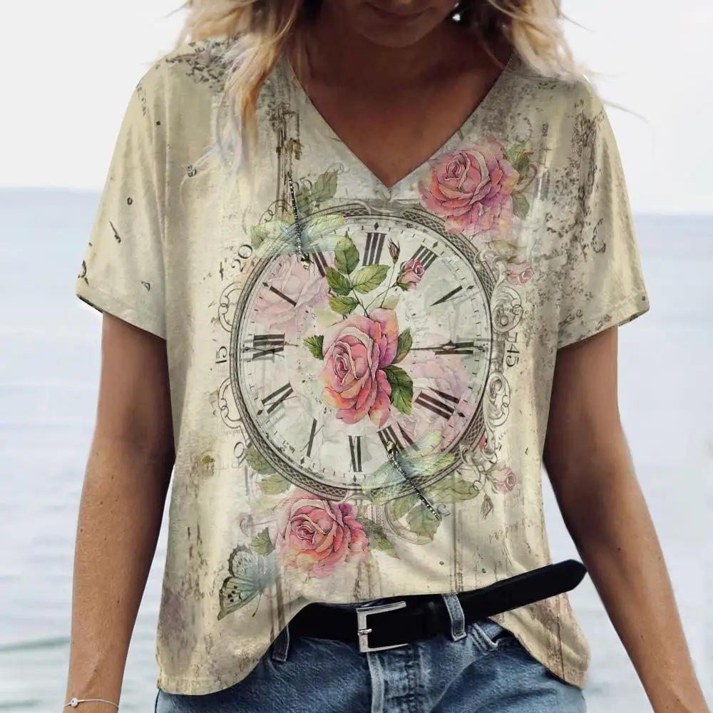 2024 여름 시계 꽃무늬 티셔츠, 여성 의류, 오버사이즈 디자이너 반팔, V넥 티 블라우스, 새로운 스타일