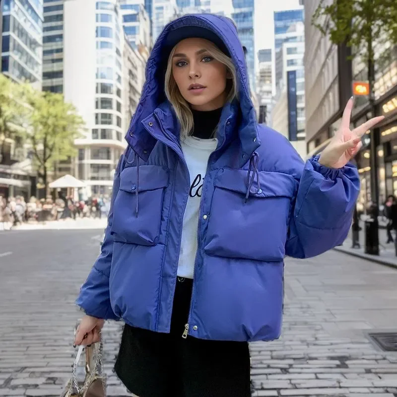 2023 Fashion Winter Beige Down Cotton Jacket Women Coat Black Hooded Streetwear Y2K Style Duck Down Feather Female Short Outwear