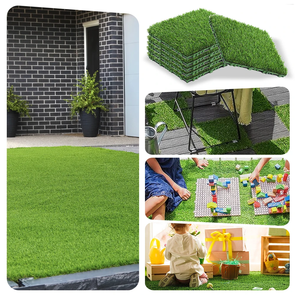 10 Pcs 12 Inchx12 Inch Realistic Grass Turf Tile Interlocking Fake Grass Deck Turf Tiles Grass Flooring Tiles for Indoor Outdoor