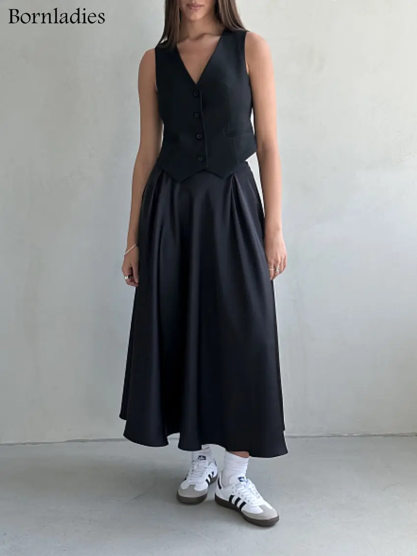 Bornladies Elegant Satin Loose Women Skirt 2025 High Waist Maxi Skirts Streetwear Classic Long Skirt Fashion Female Black Skirt