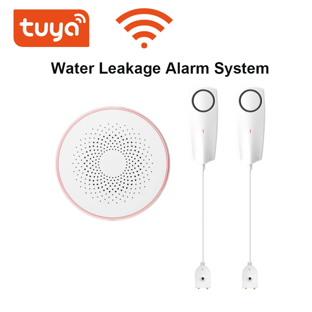 

Tuya WIFI Water Leakage Sensor Siren Alarm System 2pcs Water Sensor Built-in Rechargable Battery Alarm App Remote Monitoring