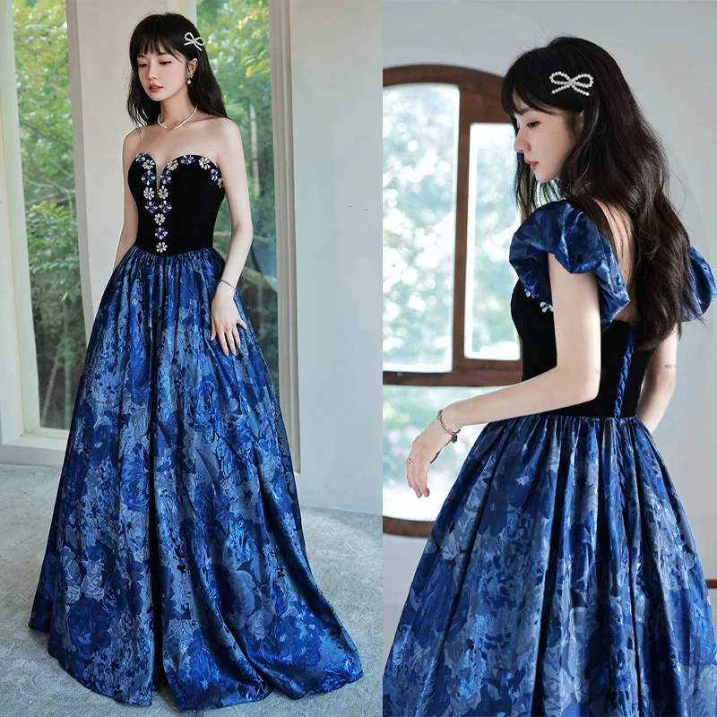 

It's Yiiya Blue A-Line Lace Up Floor-Length Appliques Satin Formal Dress Strapless Short Sleeves Elegant Dress Woman Party A2771