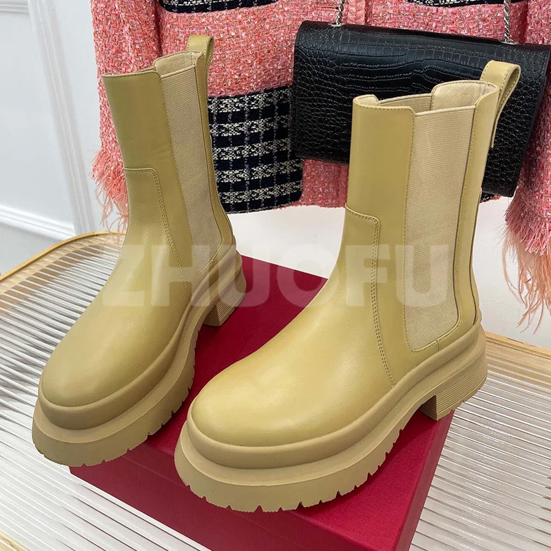 

Female Short Boots Spring Autumn New Genuine Leather Upper Thick Bottom Round Head Ankle Boots Concise Versatile Ladies Shoes