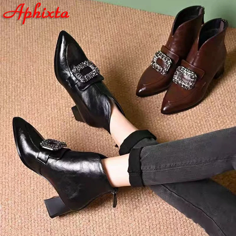 Aphixta Square Heels Crystals Buckle Ankle Boots High Quality Woman Shoes Winter Back Zipper Modern Brown Black  Boot s