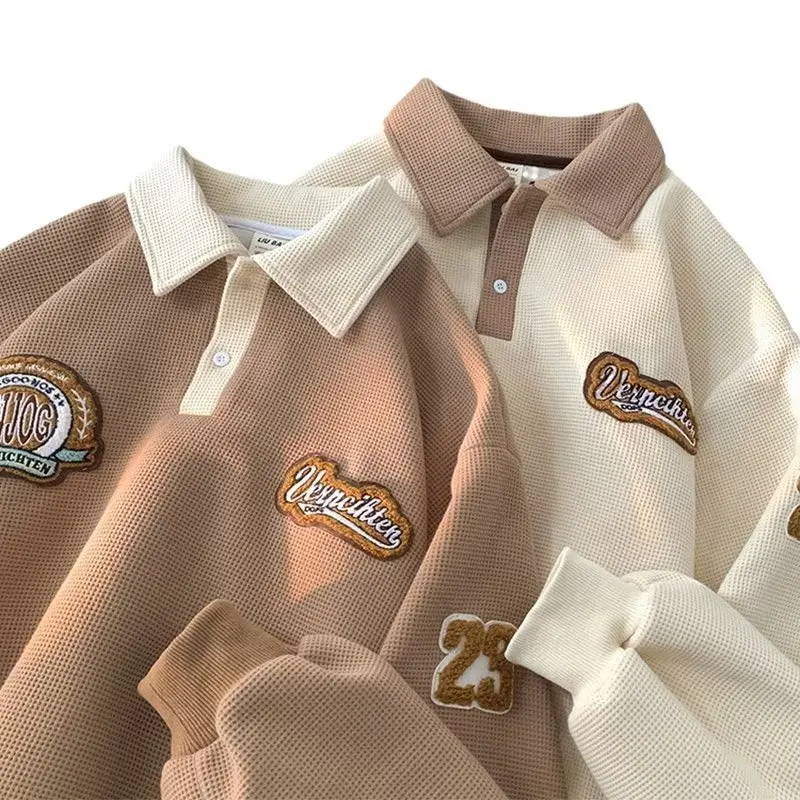 Ele Long Sve Men's  irt with Letter Embroidery And Collar American Sle Sweatirt Trendy Loose Fit Teenage Wear