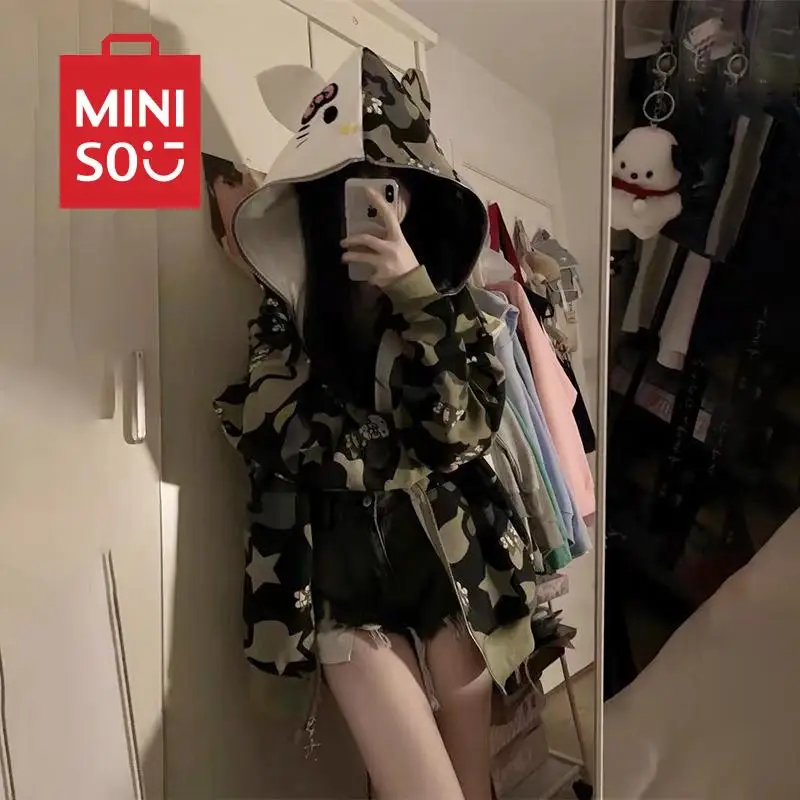 헬로 키티 Y2K 재킷 지퍼 가디건, 카와이 산리오 미니소, 귀여운 애니메이션 위장 패션, 용수철 롱 재킷, 소녀 선물