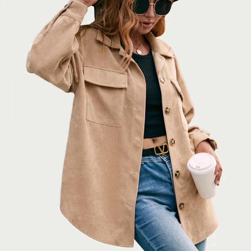Women Long Sleeve Swallowtail Shirt Jacket Corduroy Lapel Single Breasted Loose Casual Jacket Shirt