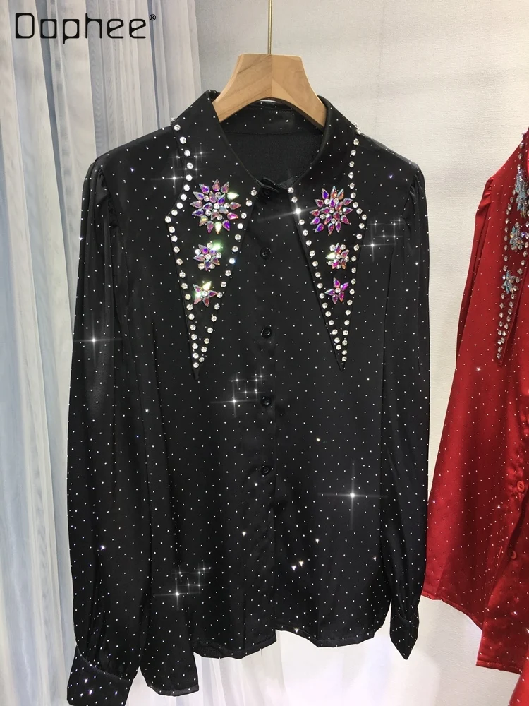 

Women's Luxury Starry Red Lapel Dot Beaded Shirt 2023 Autumn New Long Sleeve All-Matching Slimming Cardigan Top Blusa Feminina