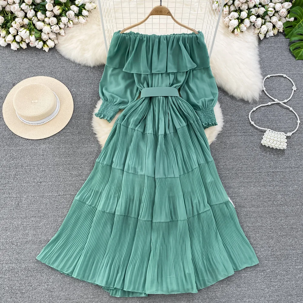 Women Vintage Off Shoulder Dress Chiffon Summer Sweet Lotus Leaf Edge Elegant Pleated Dresses Ladies Evening Party Long Dress