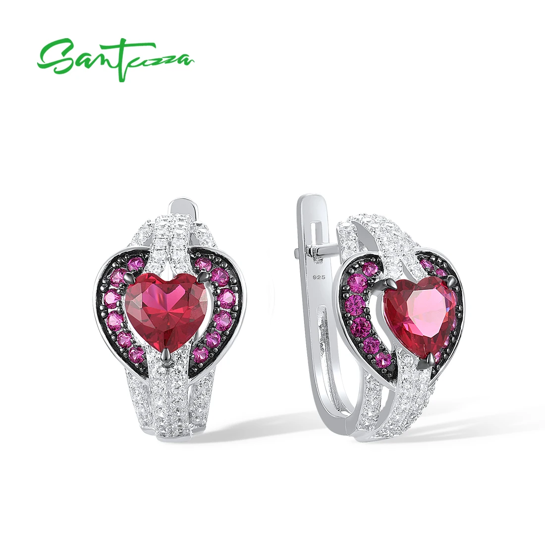 

SANTUZZA Genuine 925 Sterling Silver Earrings For Women Sparkling Heart Red Stones White CZ Earrings Gorgeous Fine Jewelry