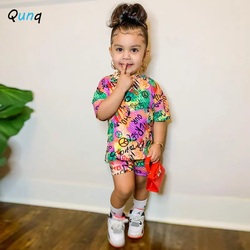 

Qunq Summer New Girls Solid O Neck Pullover Short Sleeve Print Top + Shorts 2 Pieces Set Sporty Casual Kids Clothes Age 3T-8T