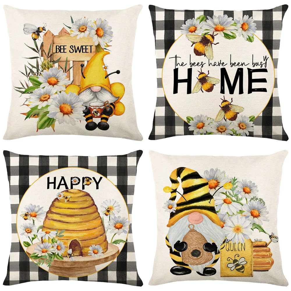 

Cute Bee Print Cushion Cover 45x45 cm Cushions Pillow Black Plaid Pillow Cover Sofa Decor Throw Pillow Case Sunflower Pillowcase