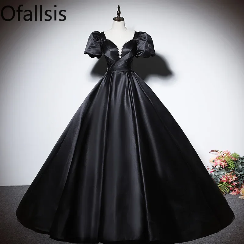 

Ofallsis Black Beaded Evening Dress 2023 Autumn New Simple Satin Temperament Annual Meeting Host Banquet Celebrity Choir Dresses