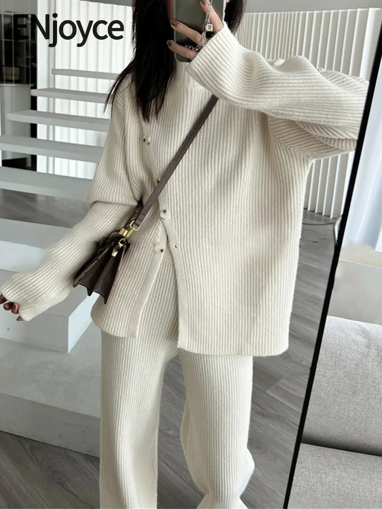 

Женский вязаный пуловер с косыми пуговицами ENjoyce, свитер и длинные брюки с широкими штанинами в Корейском стиле, комплект из 2 предметов для осени и зимы