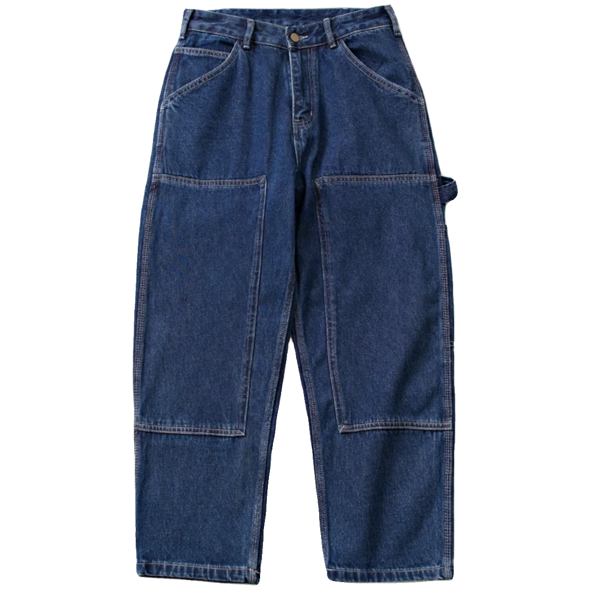 

American Style Washed Double Knee Patched Jeans Loose Straight Pants for Men and Women