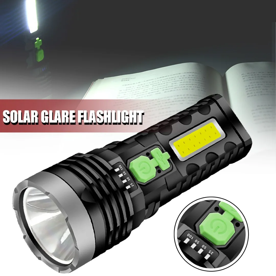 

USB/Solar Charging Flashlight Waterproof Built-in Battery Torch With Side Multi-function Outdoor Vehicle Emergency Lamp