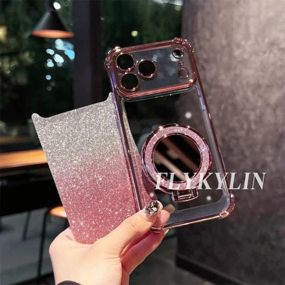 Enhanced Flashing Anti-Drop Phone Case with Makeup Mirror Holder and Pearl Chain