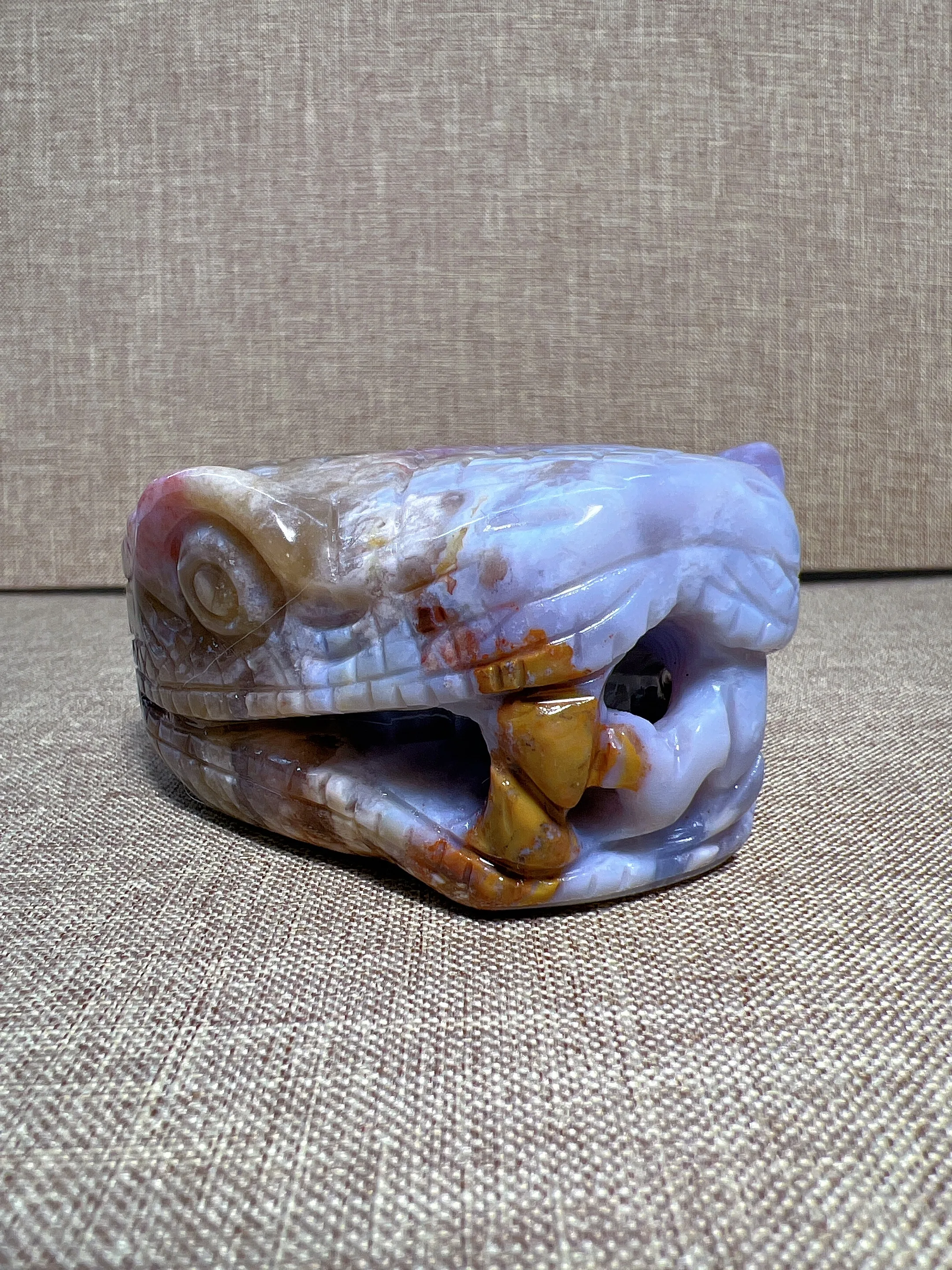 

Natural Ocean Jasper Skull Snake Head Carving Free Form Reiki Healing Stone Home Decoration Exquisite Gift