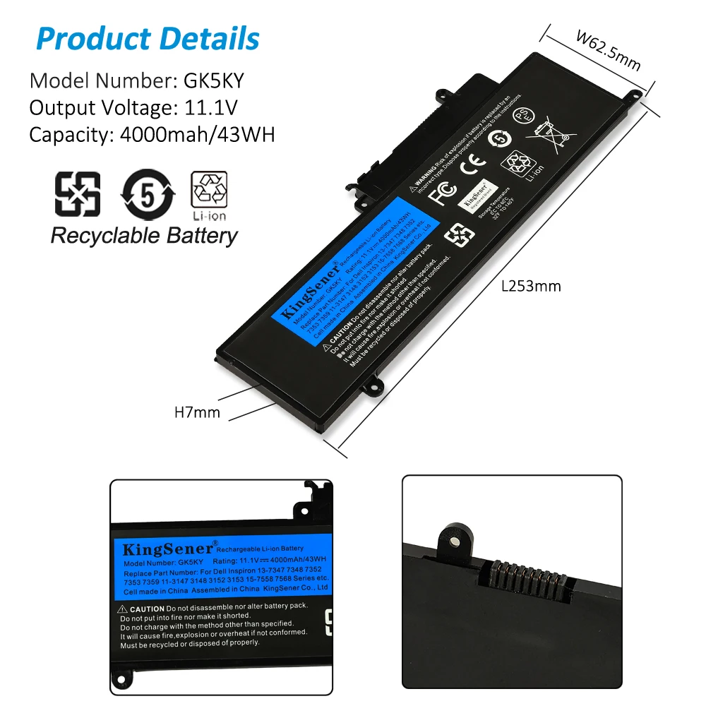 Bateria do Portátil Dell Inspiron 13 Série 7000 7347 7348 7352 7353 7359 11 3147 3148 15 7558 Ferramentas Gratuitas Kingsener-gk5ky - Imagem 4