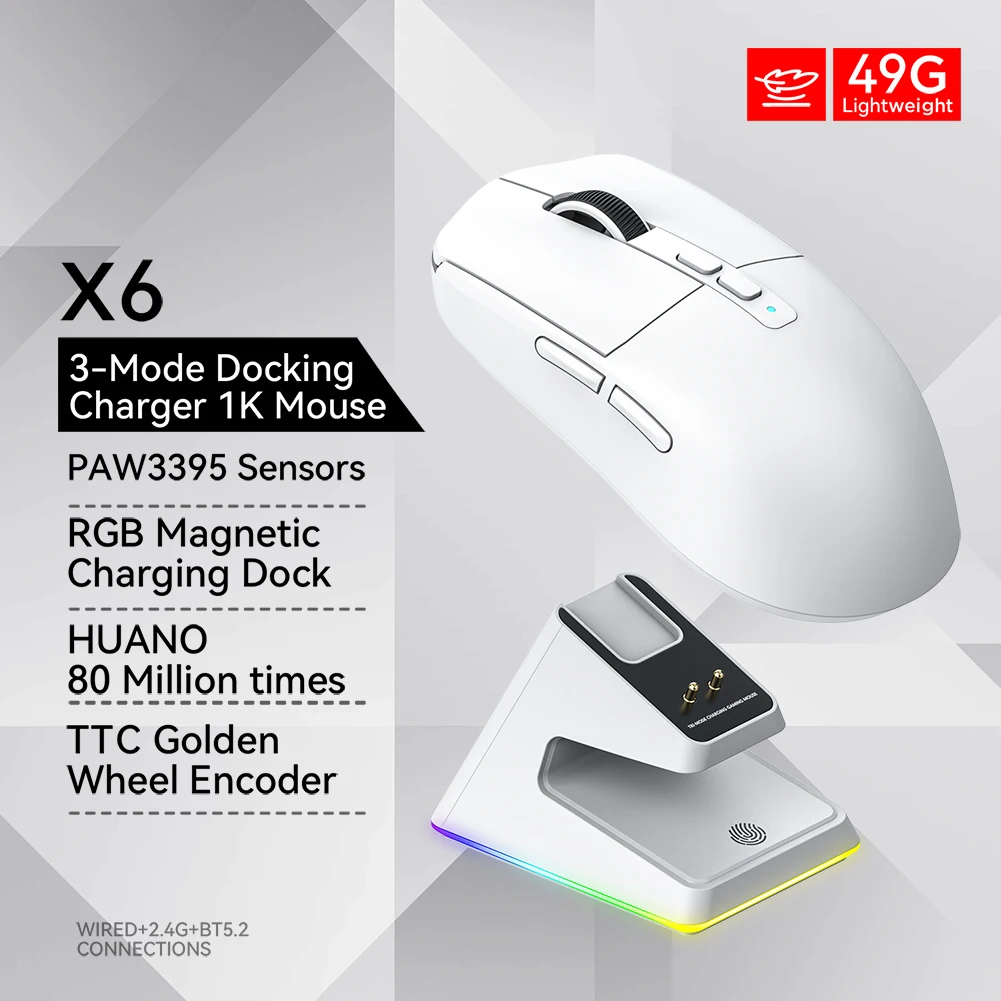 

Беспроводная игровая мышь X6, 3 режима, 2,4 ГГц/Проводная/Bluetooth, эргономичная мышь с зарядной док-станцией RGB, игровая мышь 26000DPI для ПК и офиса