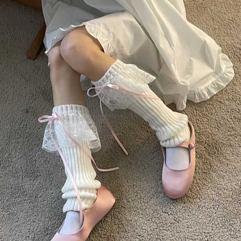2025 neue Damen-Beinlinge, Herbst und Winter, Band, Lolita, schwarze Kniewärmer, lange Socken, JK, gestrickte weiße Beinwärmer für Mädchen – Detail 6