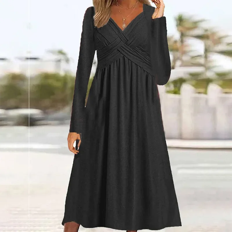 

Casual Solid Color Long Sleeve Autumn Winter Female Clothing Cross Connection Pullover Loose-fitting A-line Long Dresses