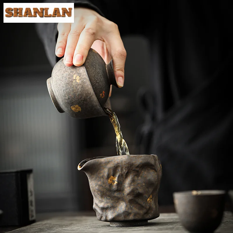 Handmade Rust Glazed Coarse Pottery Gaiwan Japanese Sprinkle Gold Tea Lid Set Tea Tureen Maker Cover Bowl Ceremony Gifts