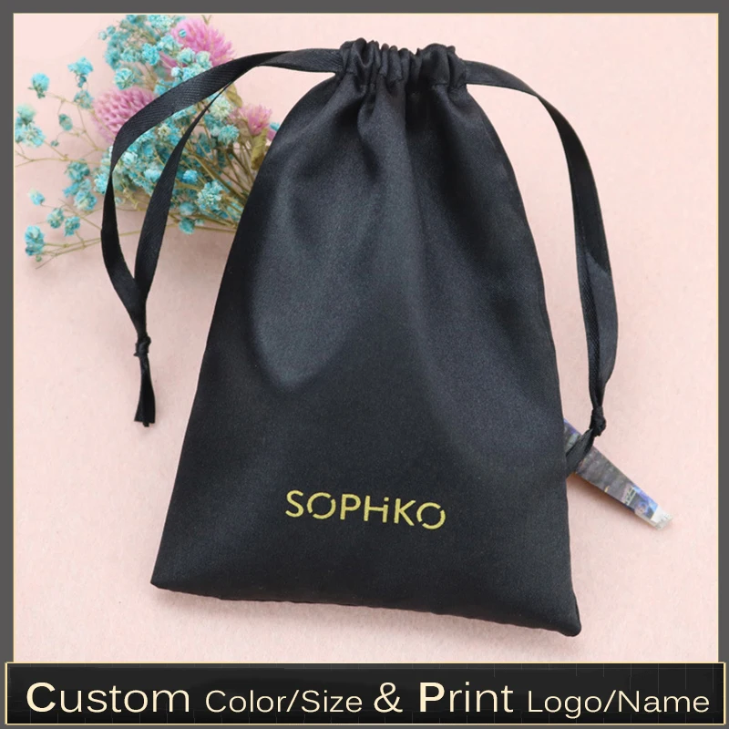 

Custom Logo Silk Satin Virgin Hair Drastring Bag Jewelry / Makeup / Wedding / Party Favors Gift Packaging Pouches